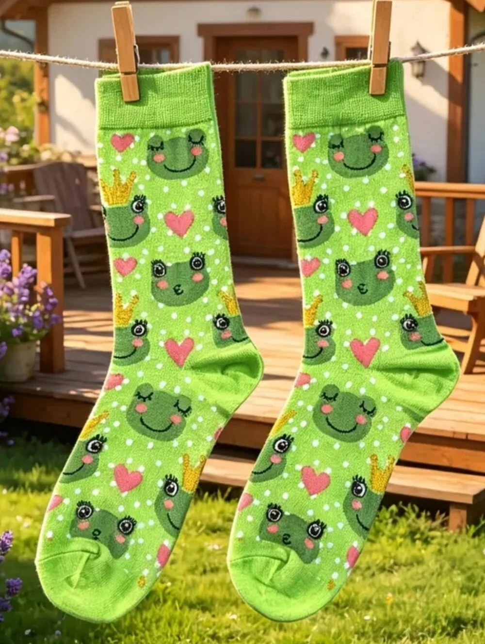1 Pair Green Frog Socks with Hearts, Adult OS